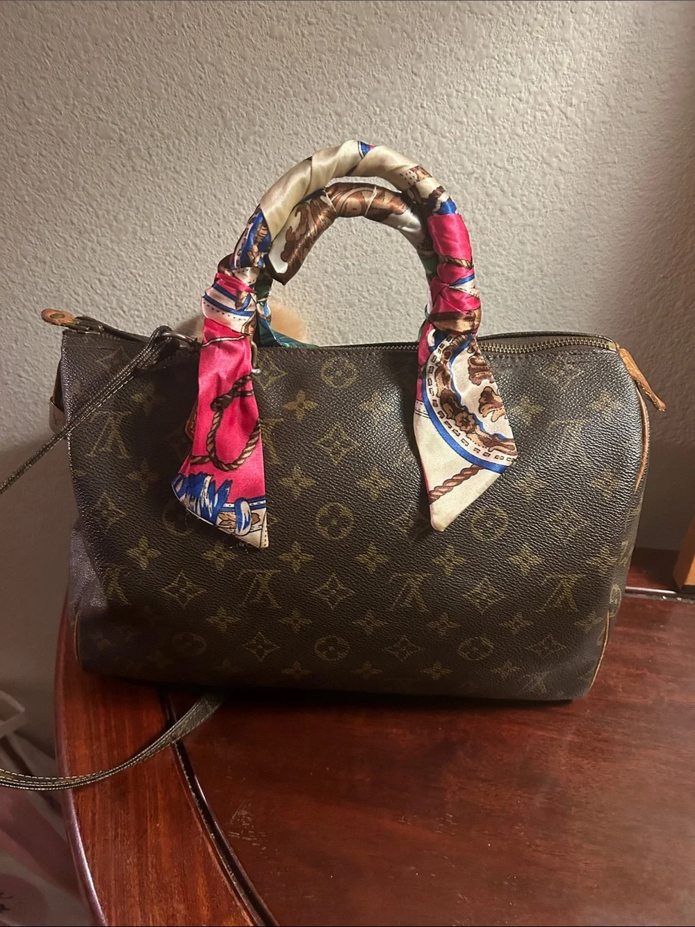 Louis Vuitton Monogram Satchel with Colorful Scarf-Wrapped Handles
